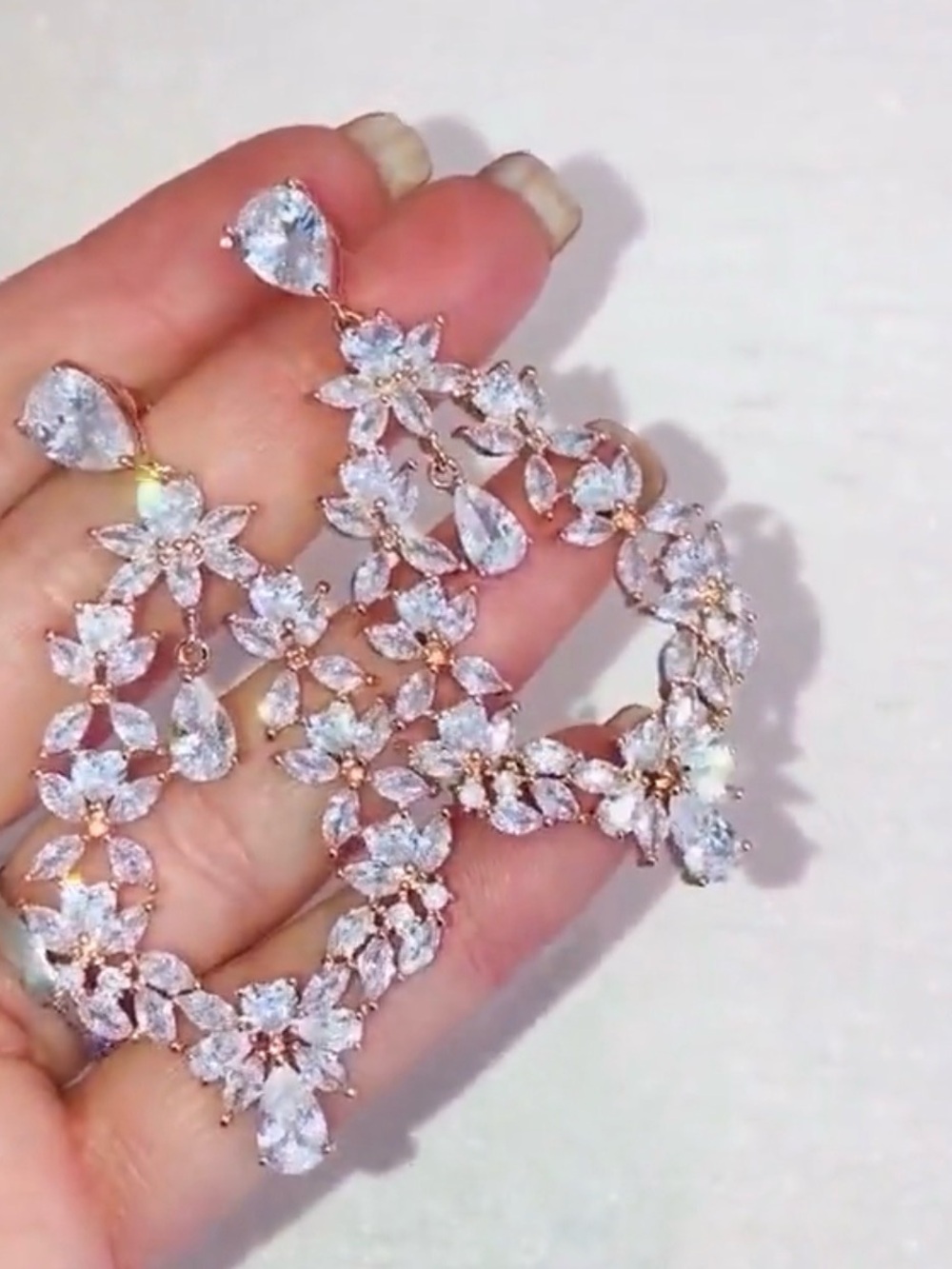 Rose Gold Floral Cubic Zirconia Chandelier Earrings -